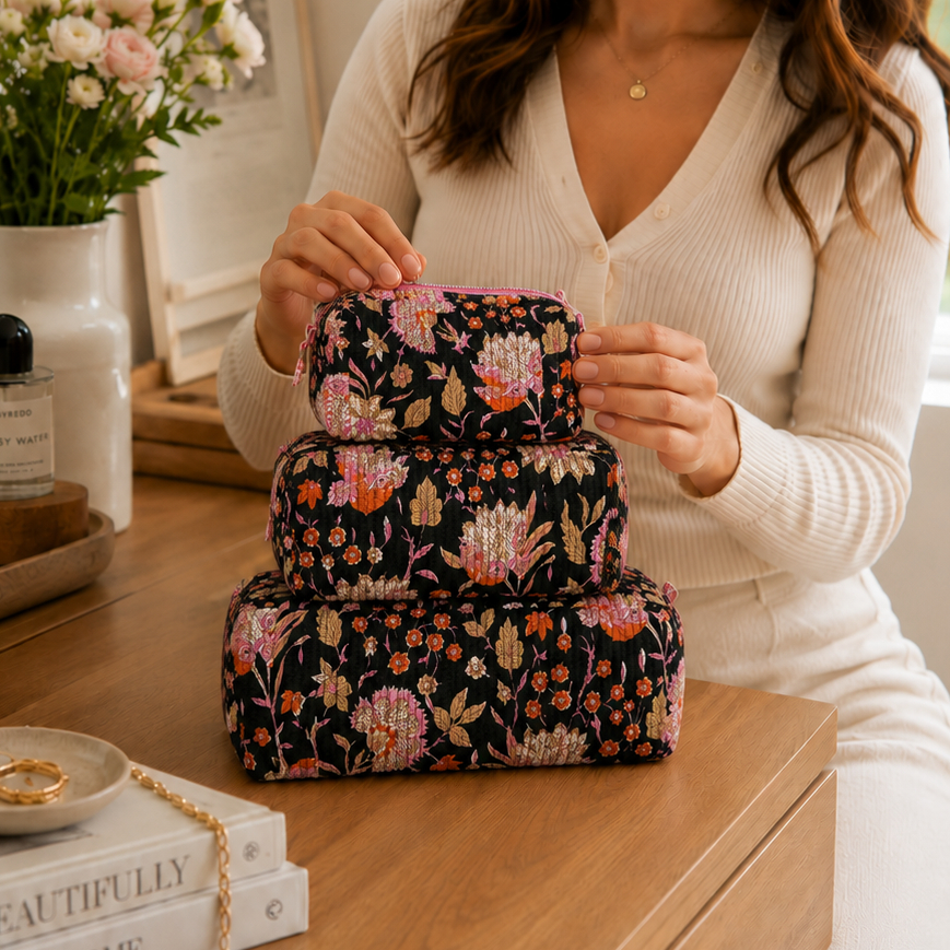 Black Floral Quilted Bag Print