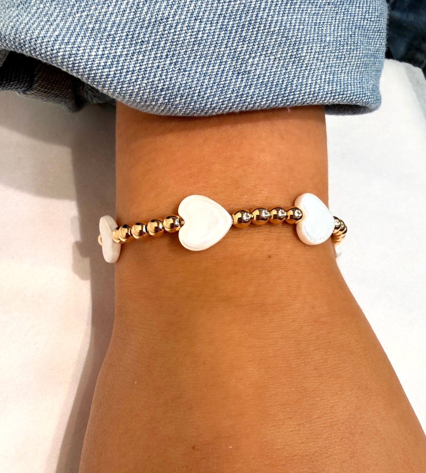 Gold Beaded Bracelet with Shell Hearts