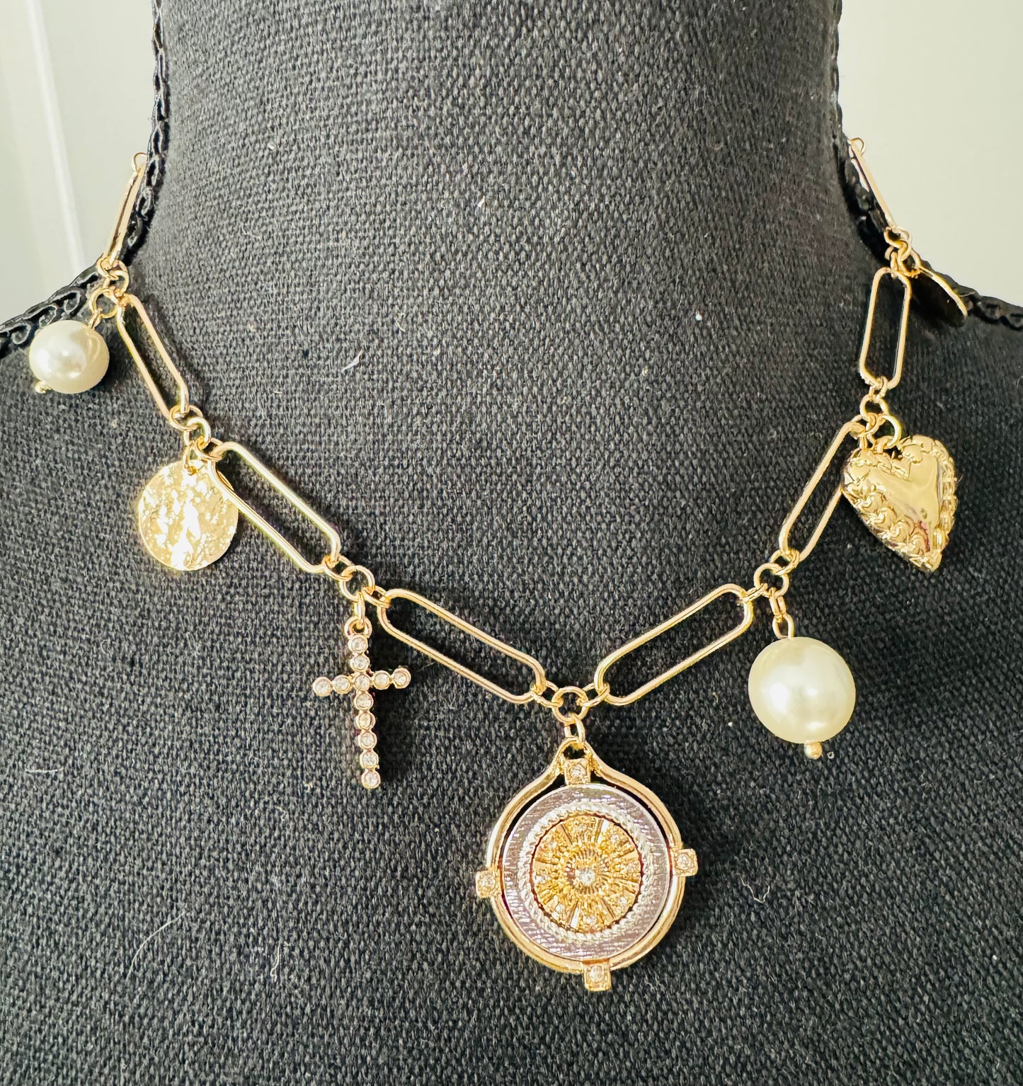 Gold Cross & Pearl Charm Necklace