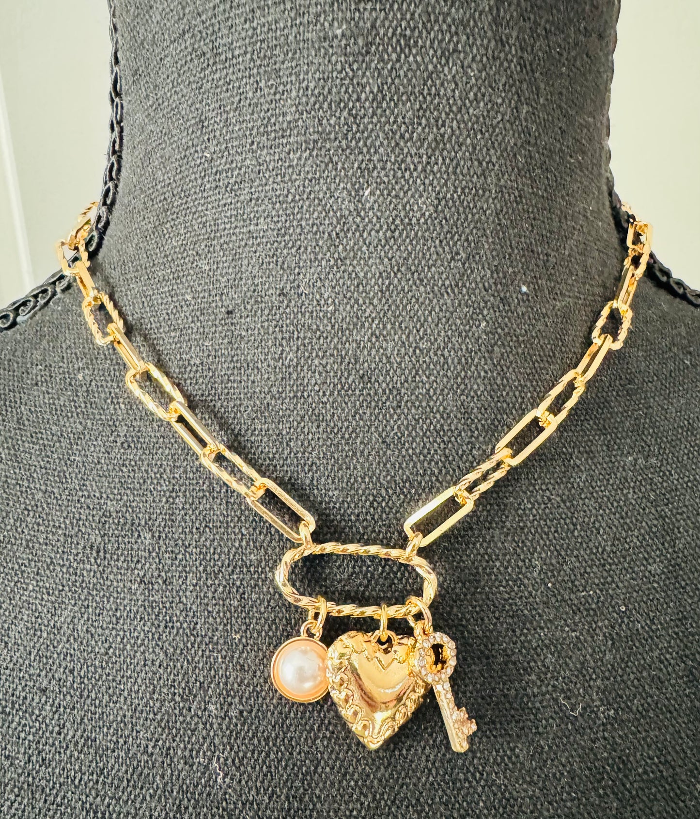 Gold Link Heart Charm Necklace