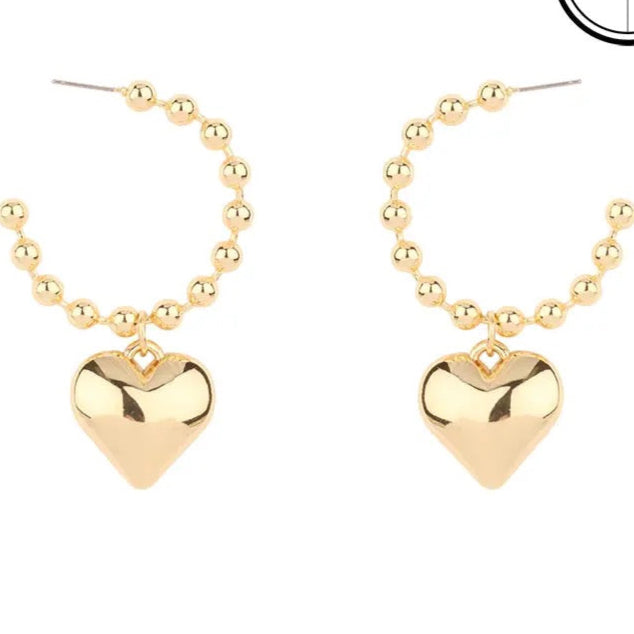 Gold Beaded with Bubble Heart Earrings-Medium
