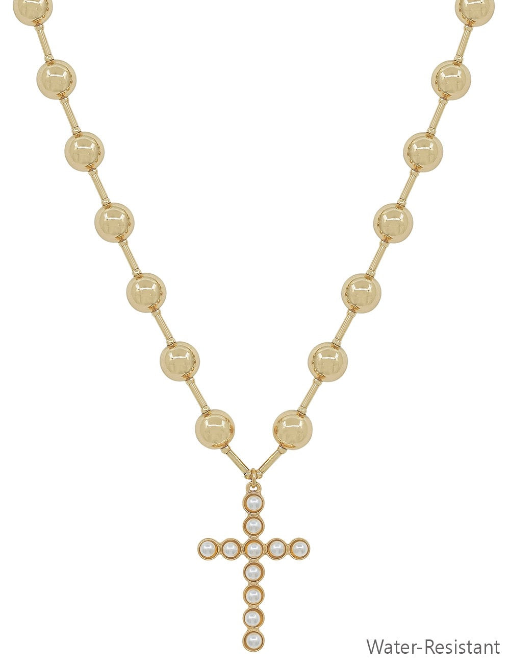 Gold Bead Cross Pearl Necklace