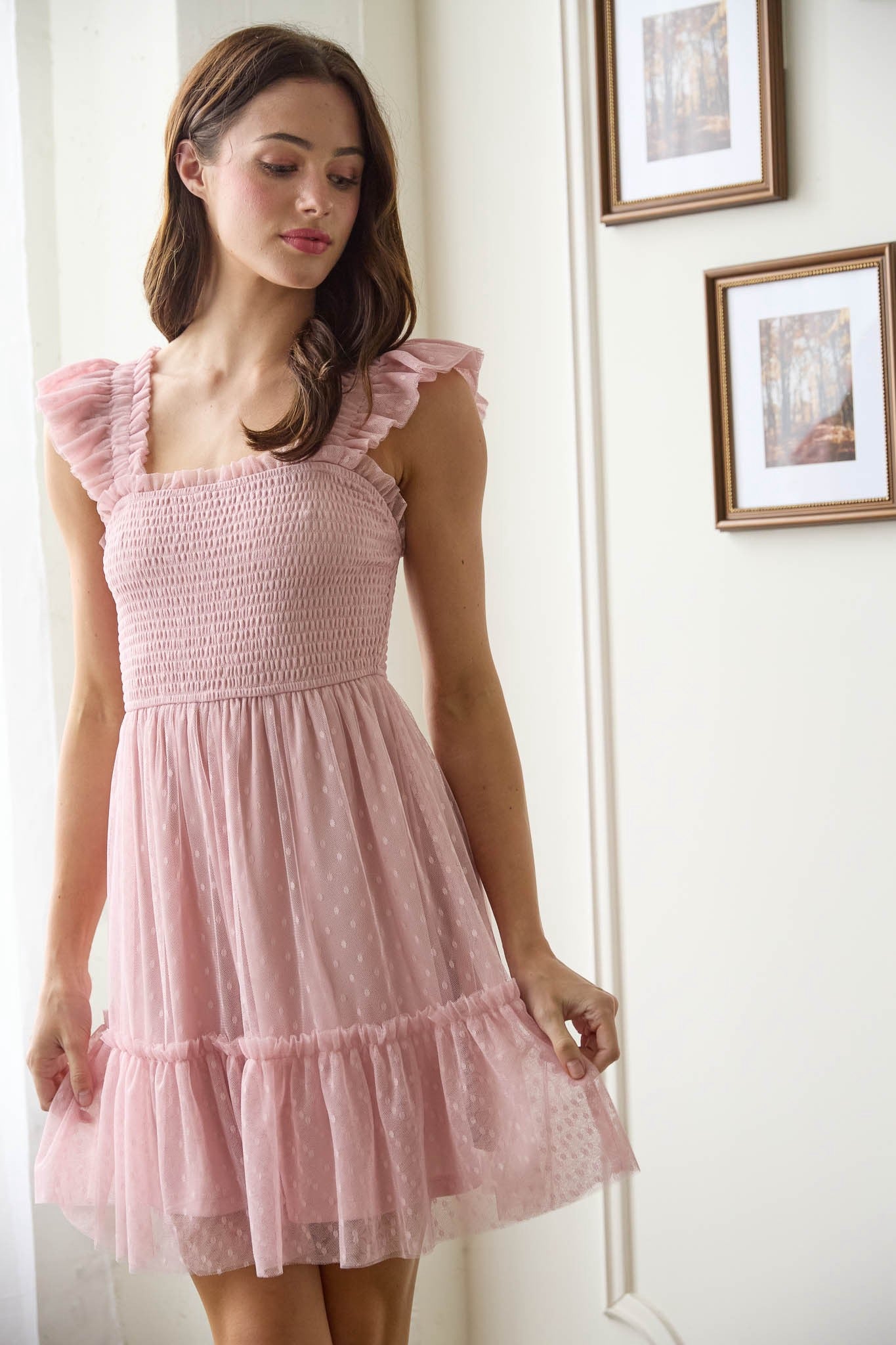 Polka Dot Chiffon Smocked Ruffled Mini Dress
