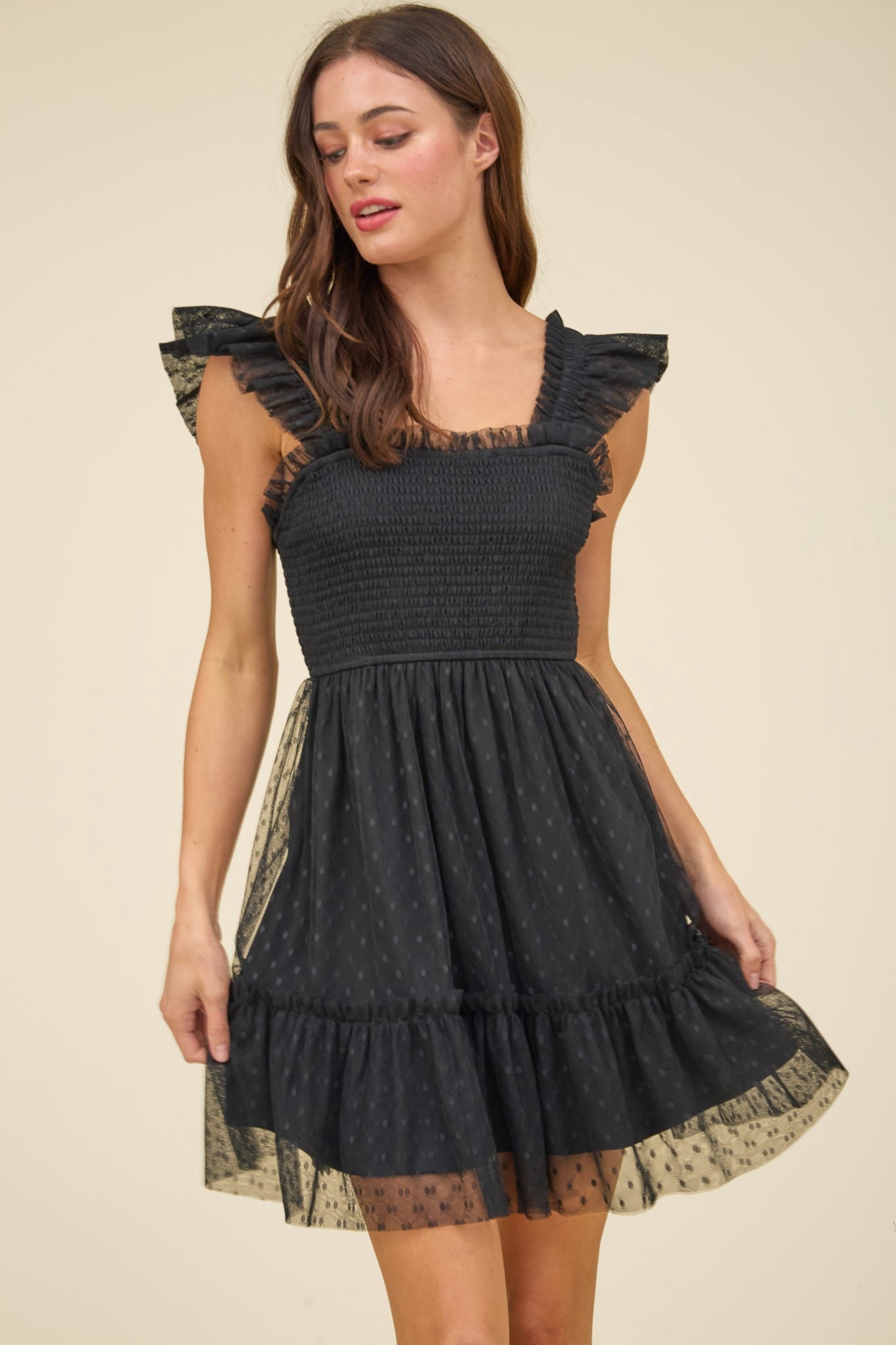 Polka Dot Chiffon Smocked Ruffled Mini Dress