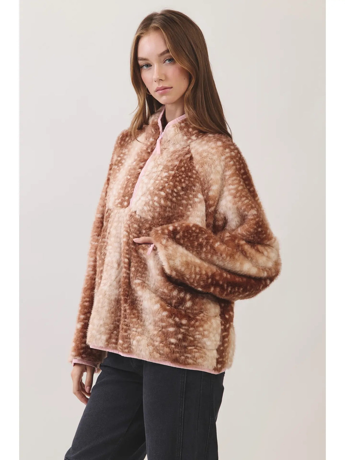 Deer Print Faux Fur Half-Zip Jacket