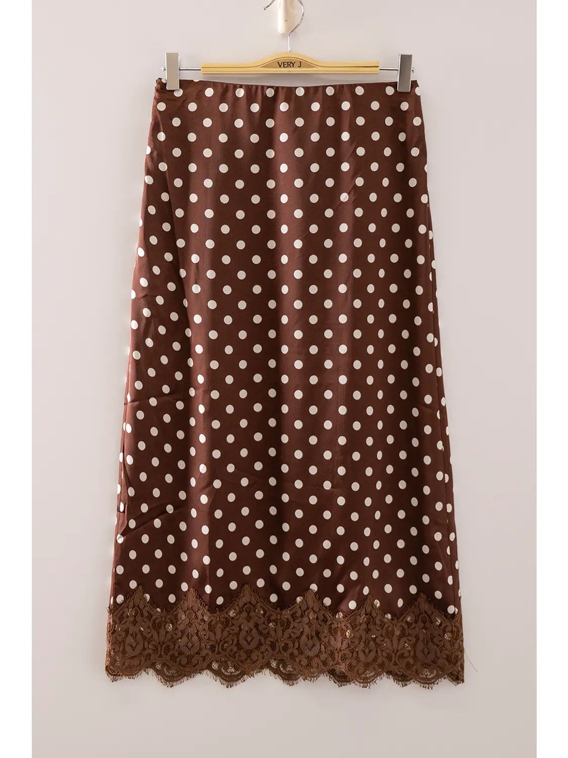 Polka Dot Lace Trim Satin Midi Skirt