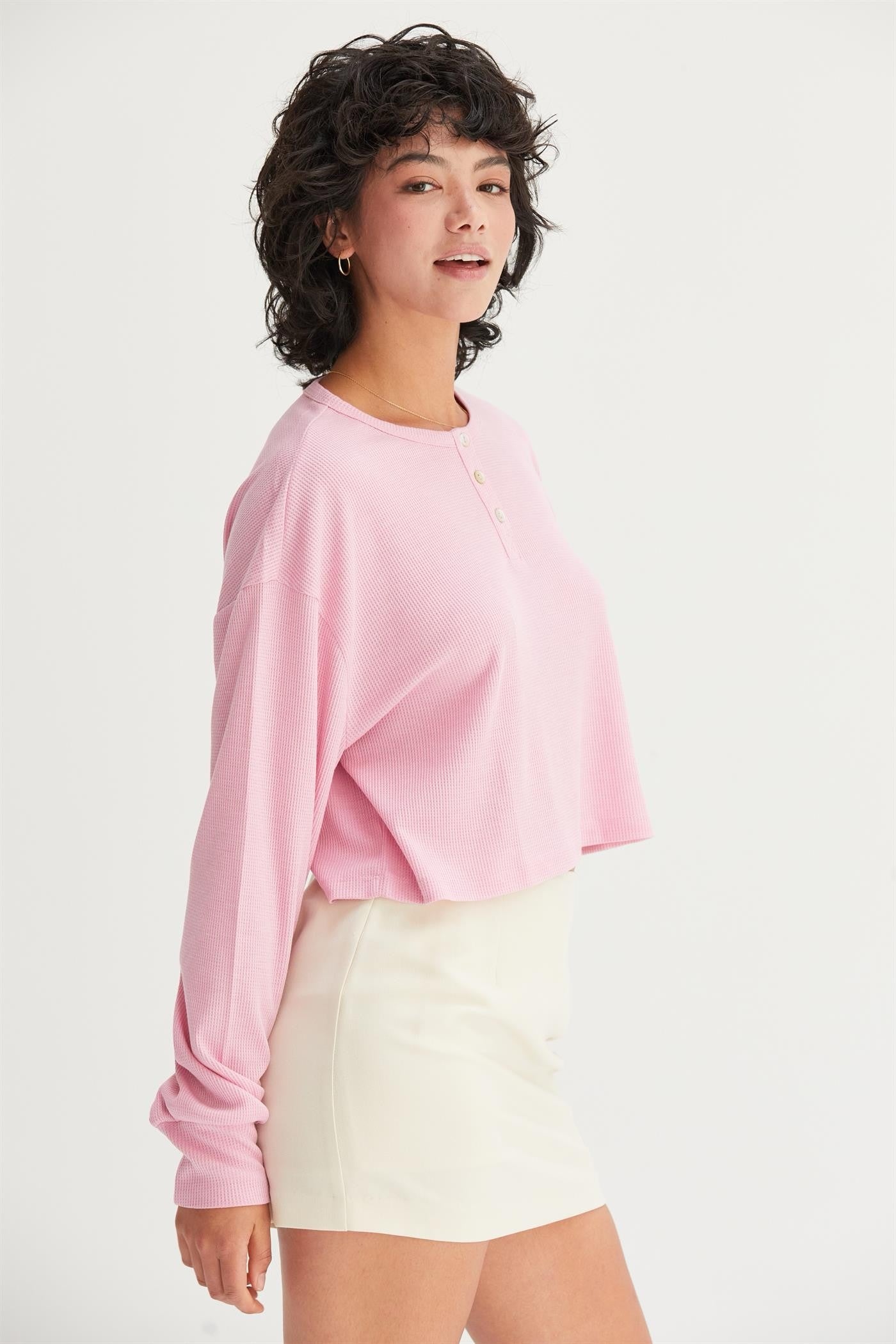 Comfort Waffle Henley. (Available in Pink & Black)