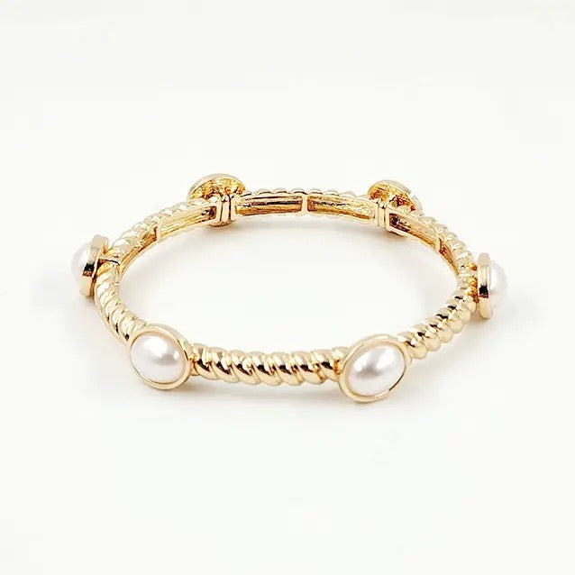 Gold Textured Pearl Stretch Bracelet