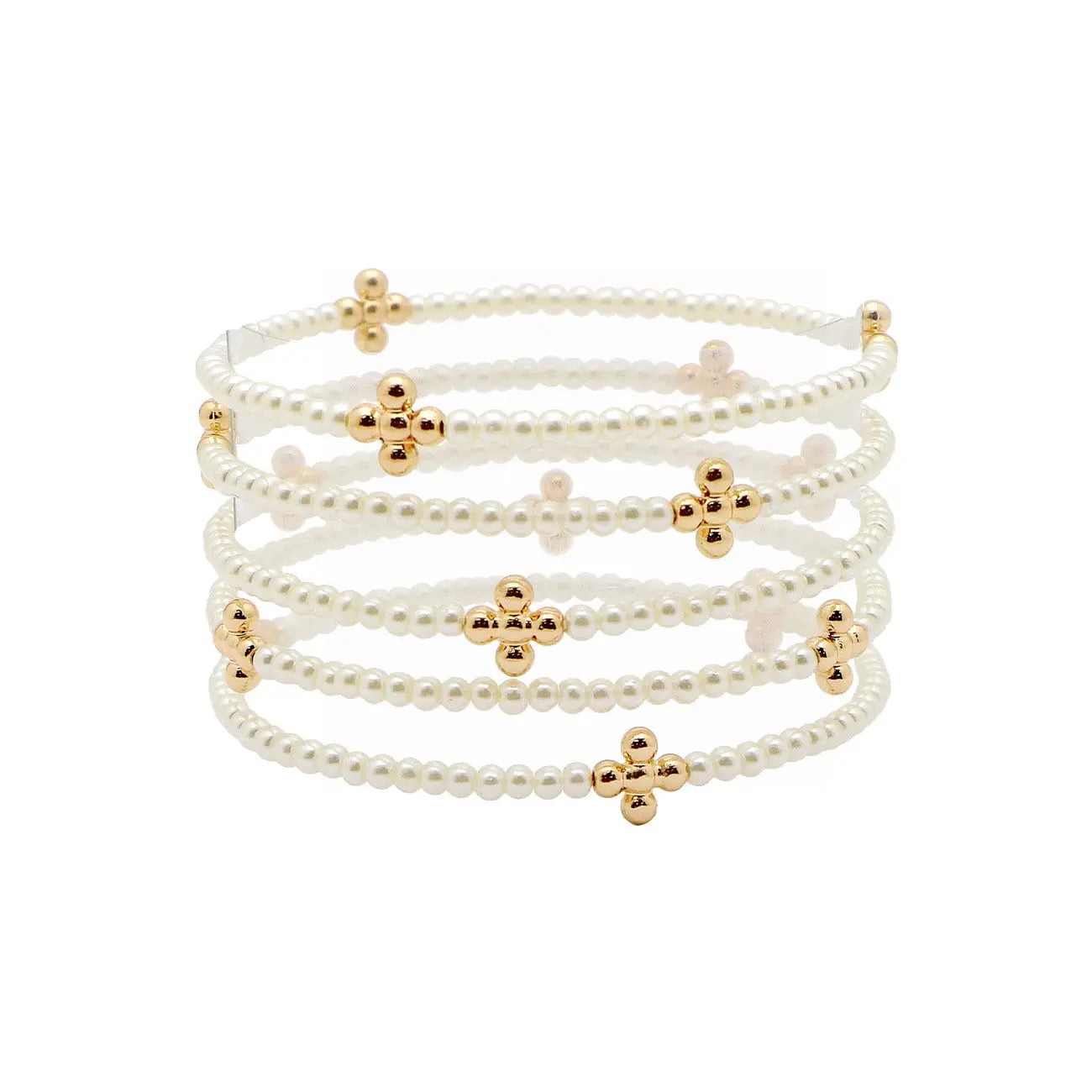 Set of 5 Pearl & Gold Cross Stretch Bracelets