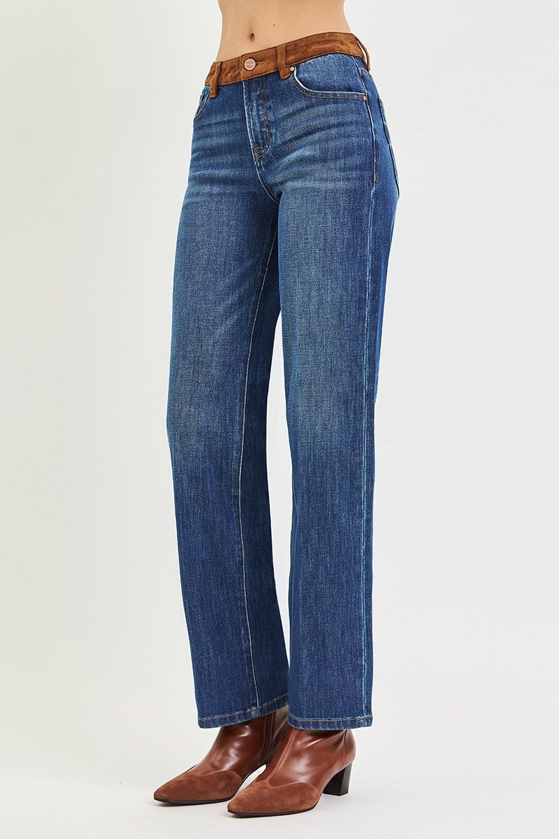 Risen Suede Contrast Wide Leg Jeans