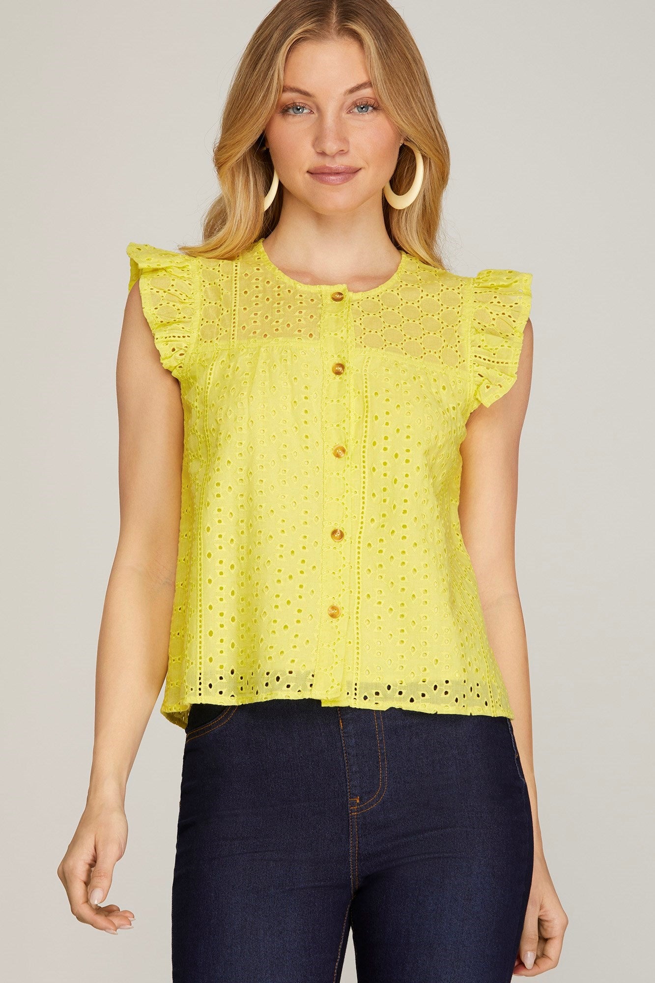 Ruffled Sleeve Eyelet Top
