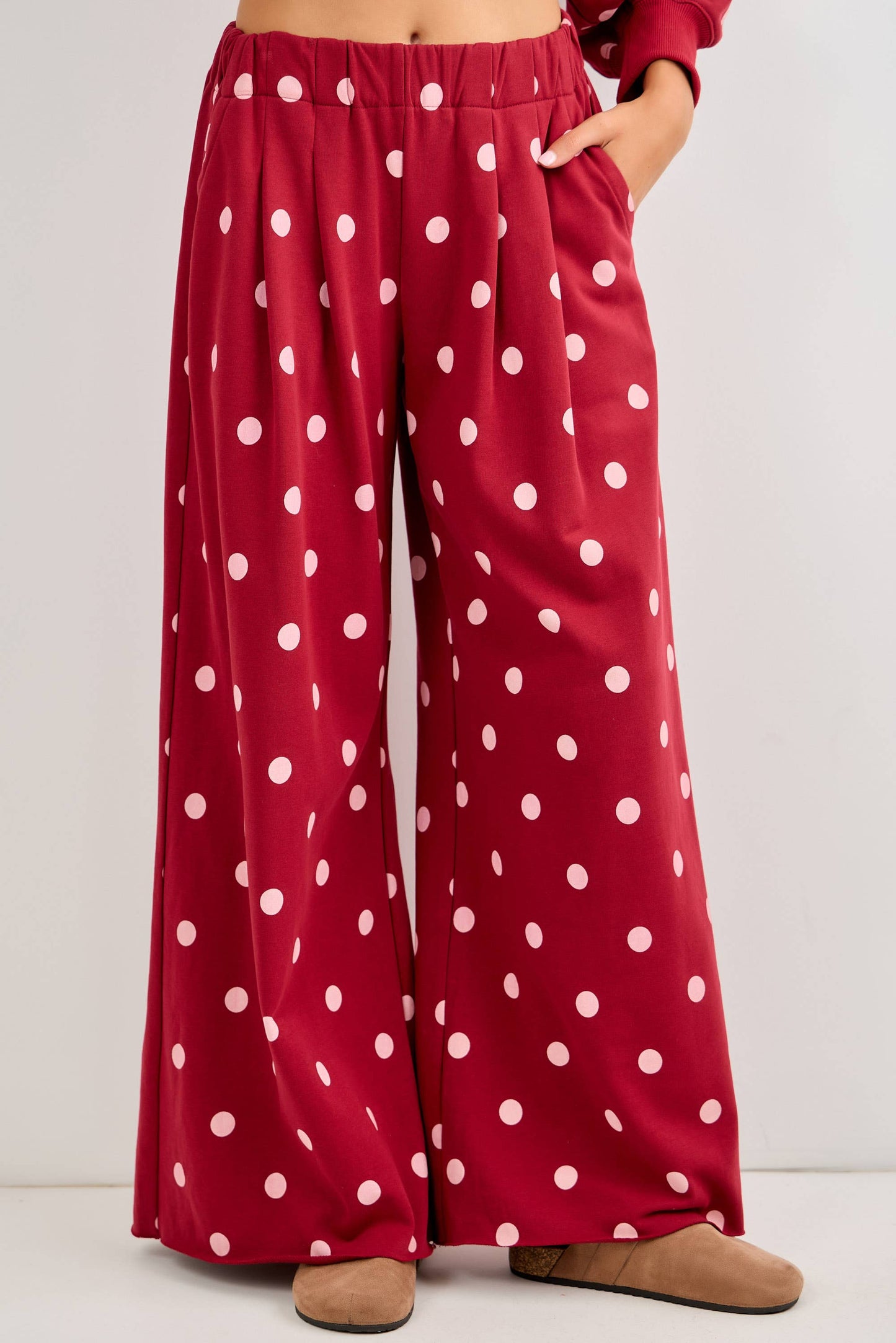 Polka Dot Print Wide-Leg Knit Lounge Pants