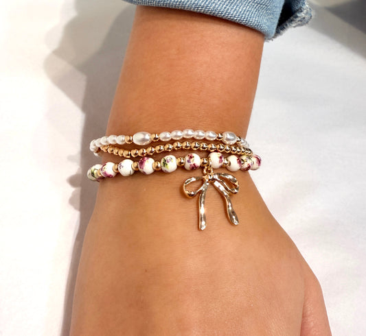 Gold/Pearl/Floral Bracelet Set w/ Bow Charm