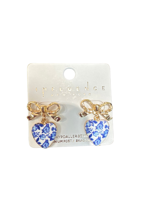 Floral Bow Earrings - Blue