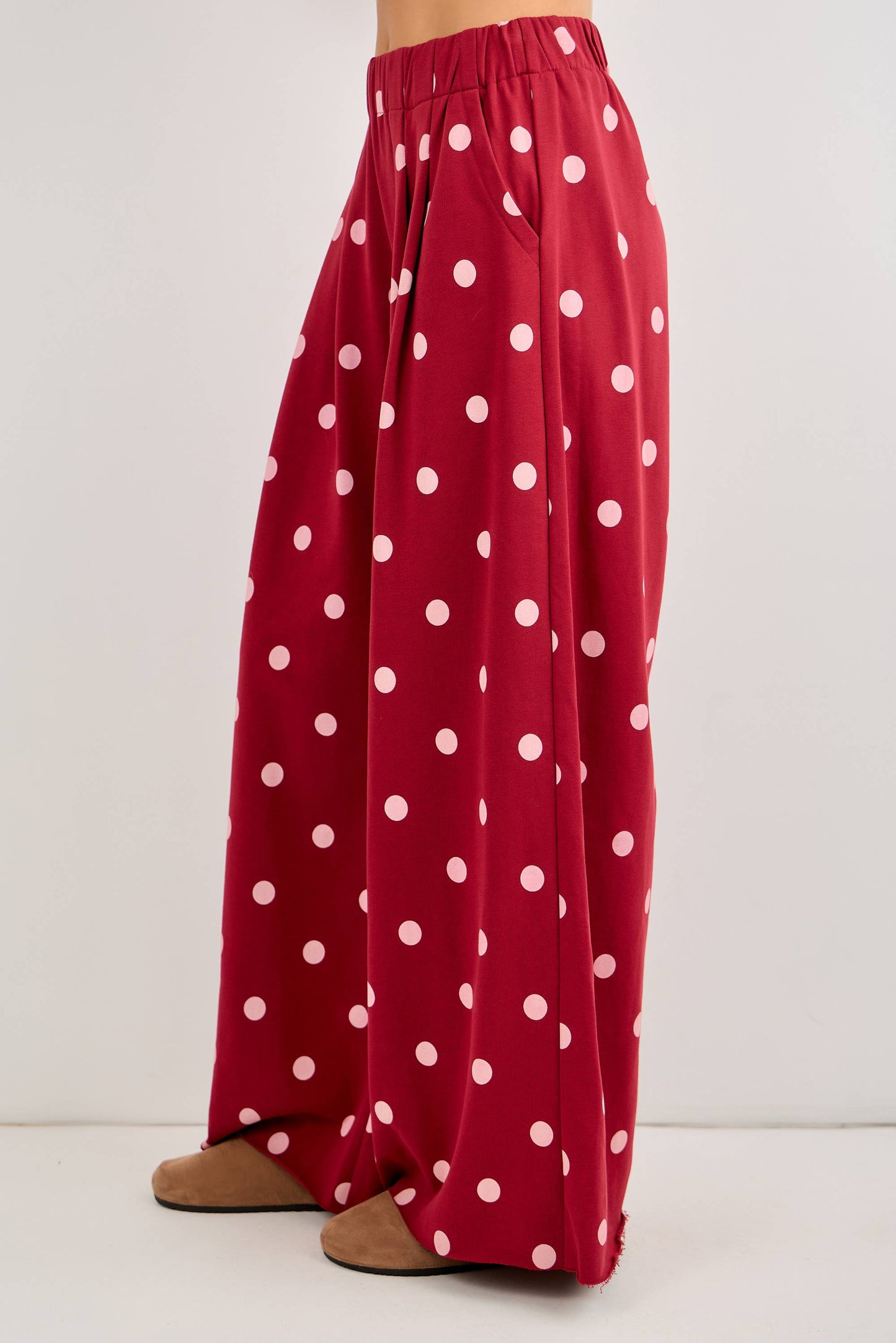 Polka Dot Print Wide-Leg Knit Lounge Pants