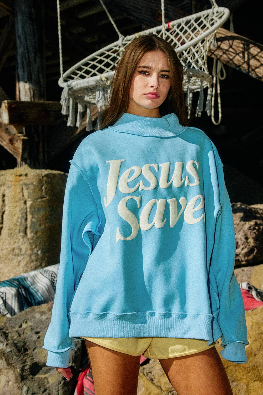 'JESUS SAVES' Mock Neck Sweatshirt