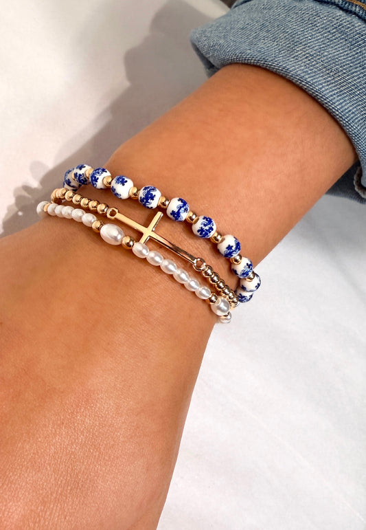 Gold, Pearl, Floral Bracelet Set w/ Cross Charm