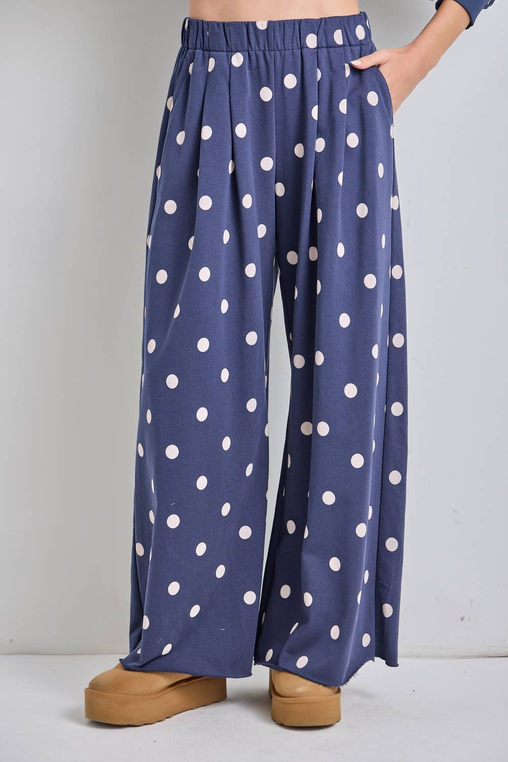 Polka Dot Print Wide-Leg Knit Lounge Pants