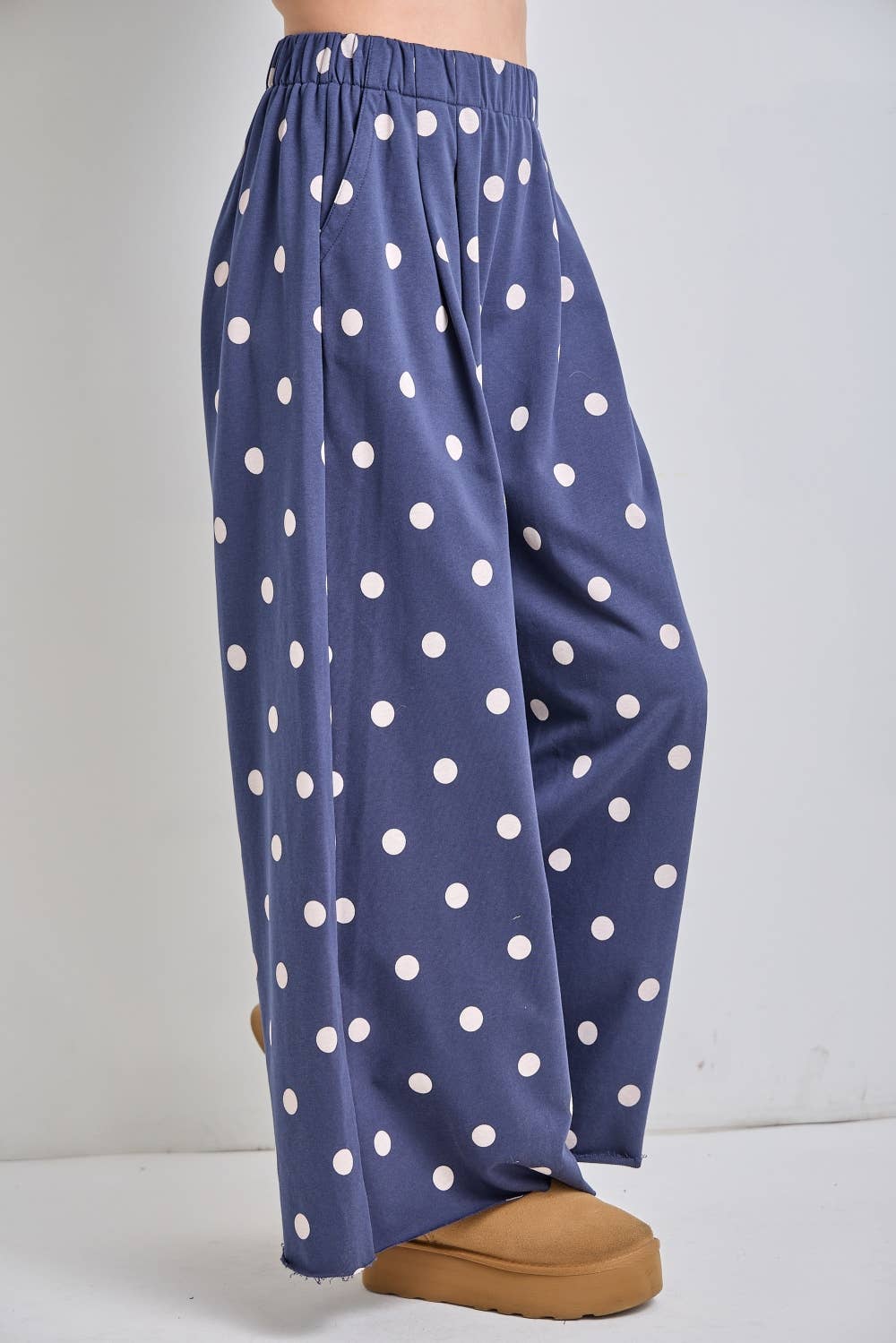 Polka Dot Print Wide-Leg Knit Lounge Pants