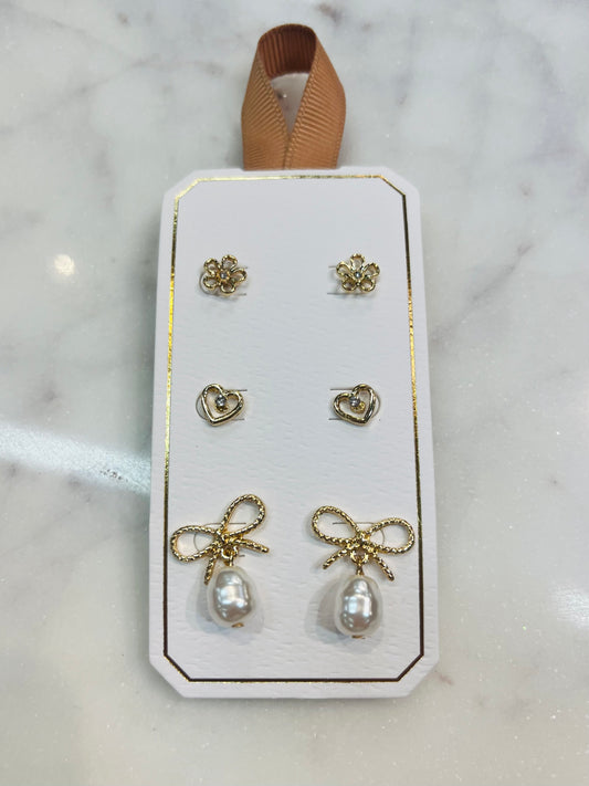 Gold Pearl Bow Earring Set