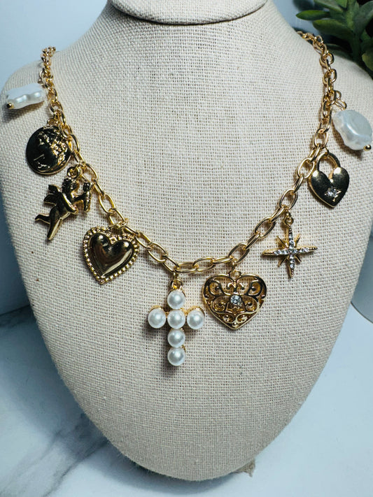 Pearl Cross & Heart Charm