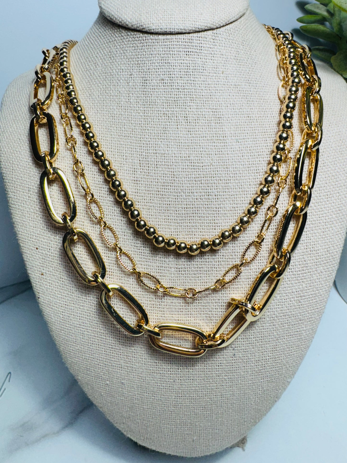 Gold 3 Strand Chain Necklace