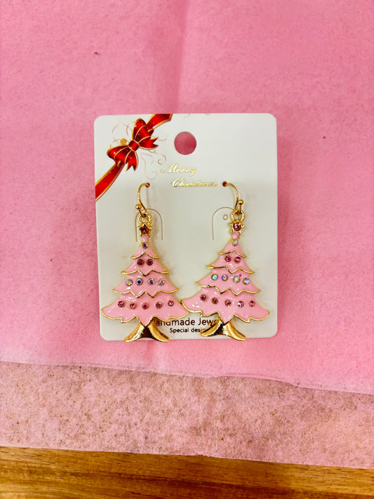 Pink Christmas Tree Earrings