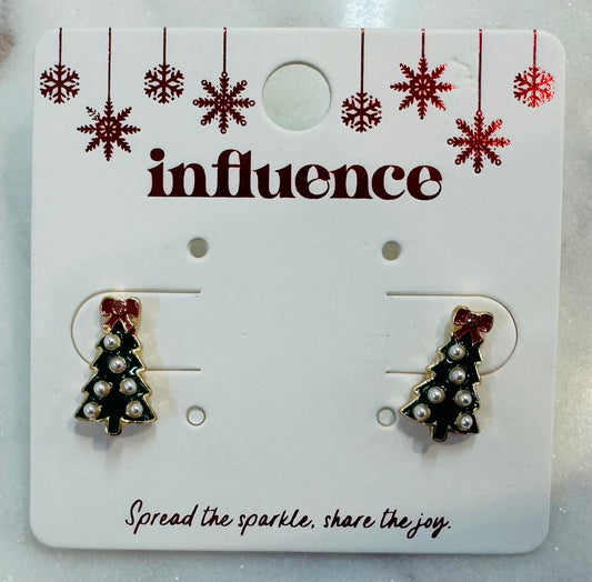 Green Pearl Christmas Tree Earrings
