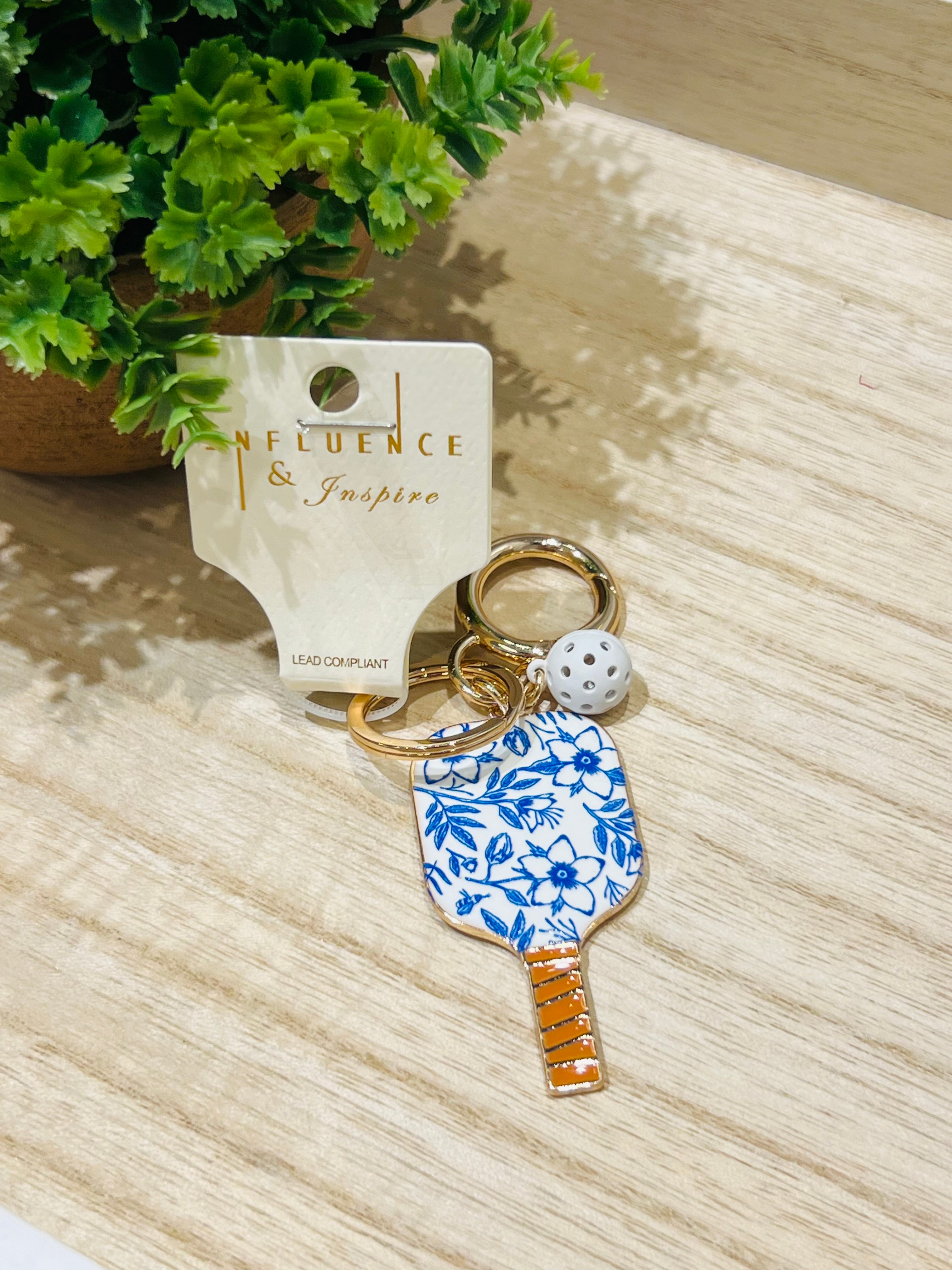 Blue Floral Pickleball Keychain