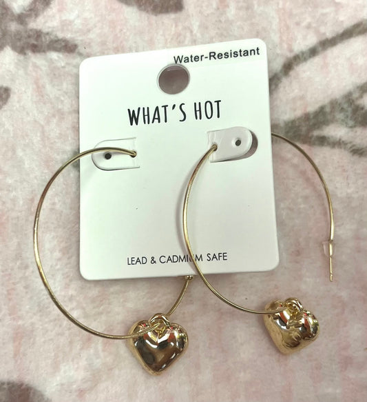 Large Gold Hoop with Heart Dangles