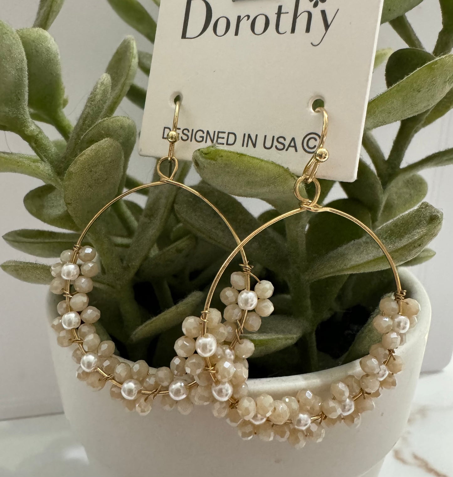 Gold Hoops With Neutral Beaded Flowers