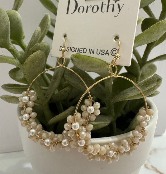 Gold Hoops With Neutral Beaded Flowers