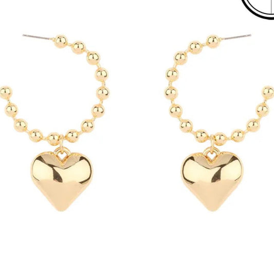 Gold Beaded with Bubble Heart Earrings-Medium