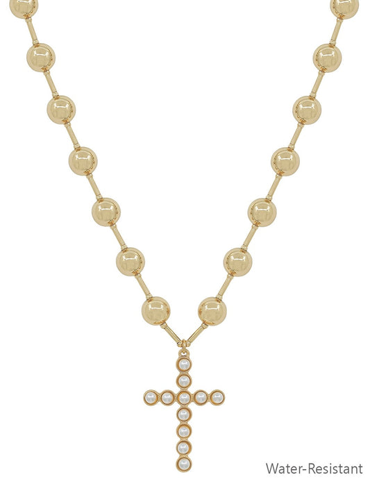 Gold Bead Cross Pearl Necklace