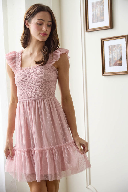 Polka Dot Chiffon Smocked Ruffled Mini Dress