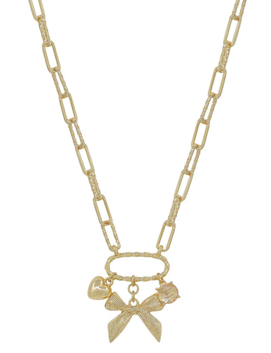 Gold Linked Bow Charm Necklace