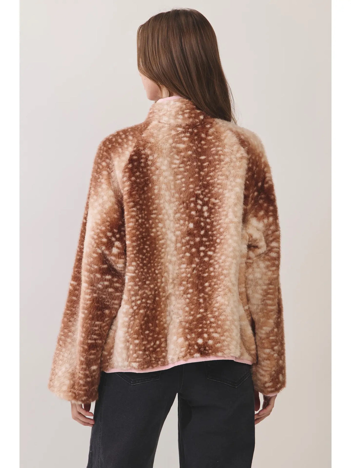 Deer Print Faux Fur Half-Zip Jacket