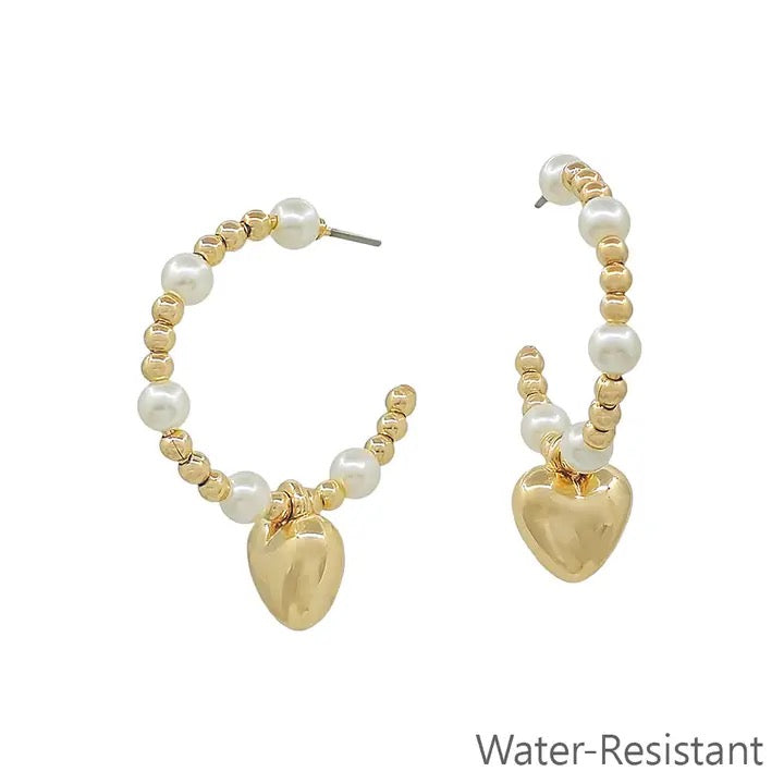 Gold & Pearl Heart Hoops- Medium