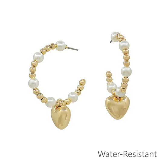 Gold & Pearl Heart Hoops- Medium