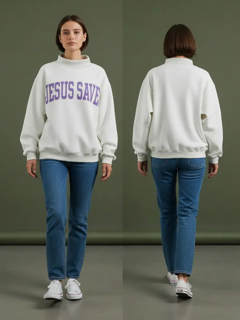 'CROSS & JESUS SAVES' Mock-neck Lavender