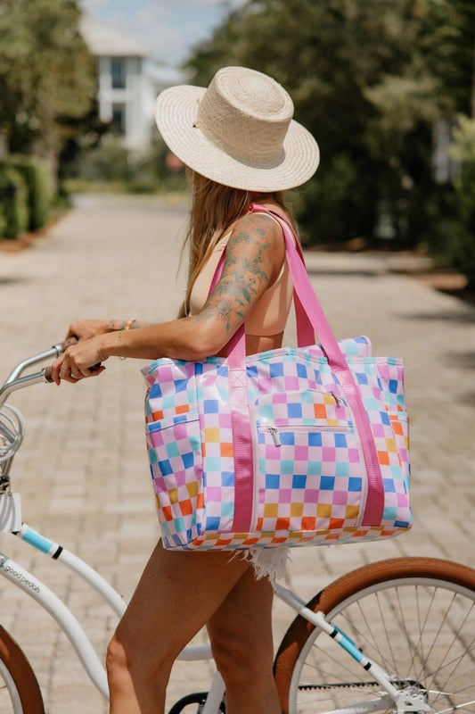 Oversized Foldable Multi-Colored Checkered Tote