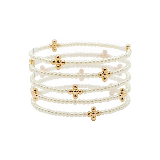 Set of 5 Pearl & Gold Cross Stretch Bracelets
