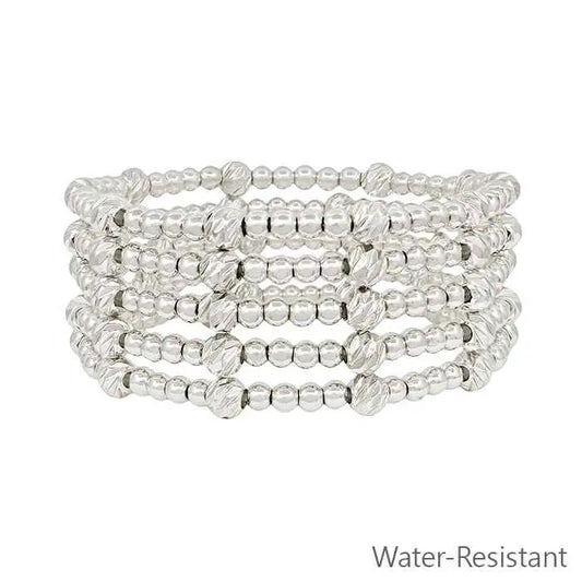 Set of 5 Textured Beaded Silver Bracelets