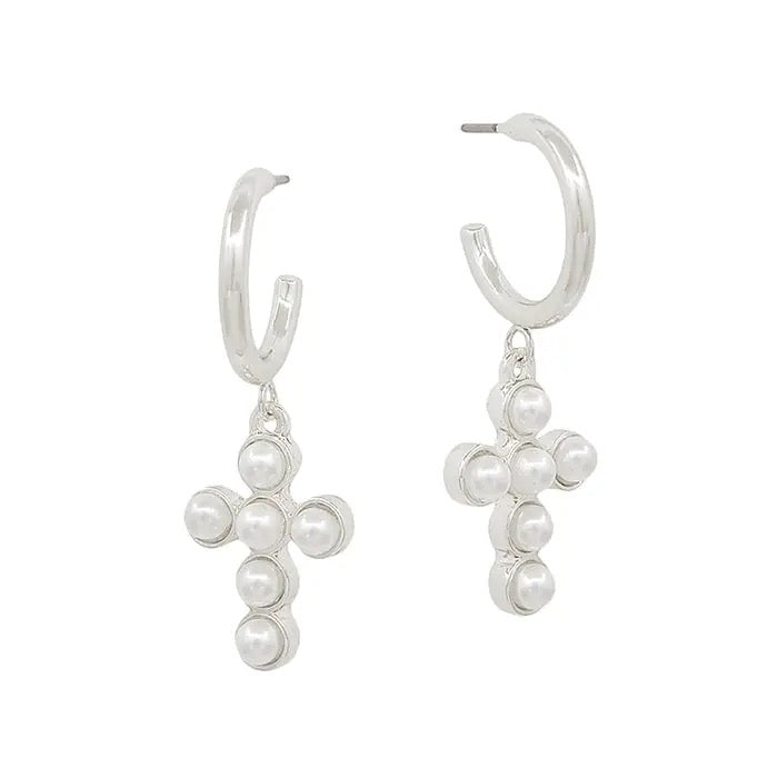 Silver Cross & Pearl Earrings