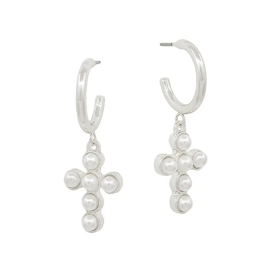 Silver Cross & Pearl Earrings