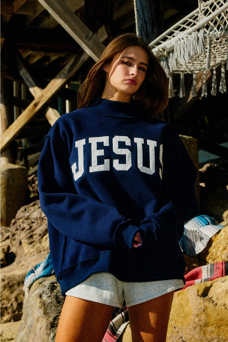 'JESUS' Embroidered Mock Neck Sweatshirt