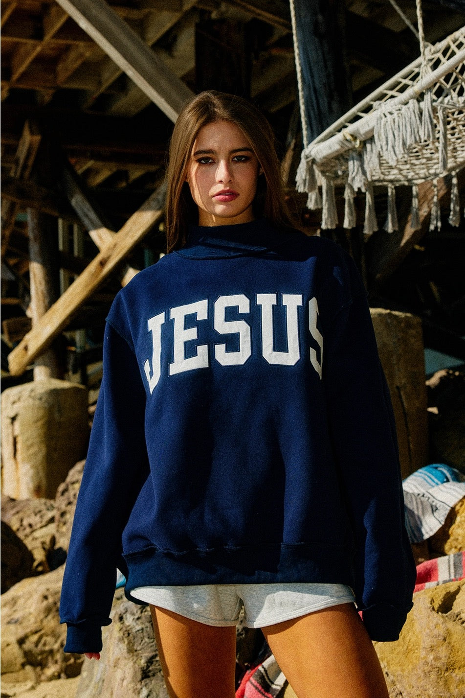'JESUS' Embroidered Mock Neck Sweatshirt