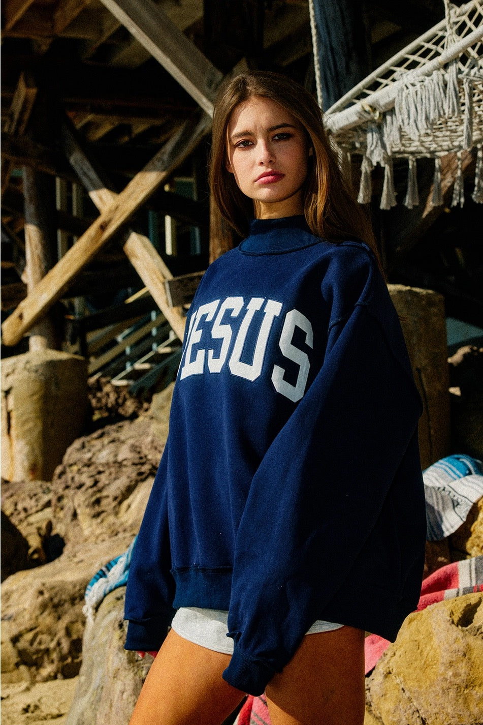 'JESUS' Embroidered Mock Neck Sweatshirt