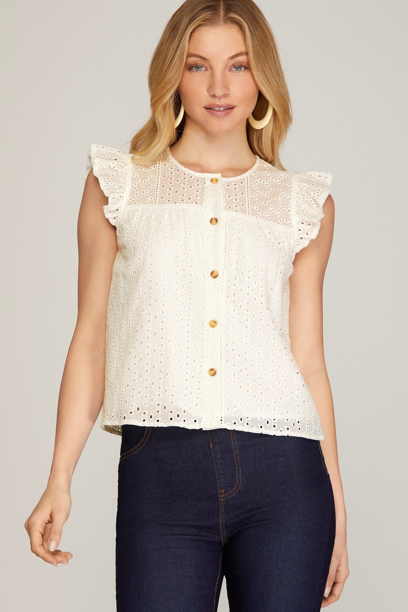 Ruffled Sleeve Eyelet Top