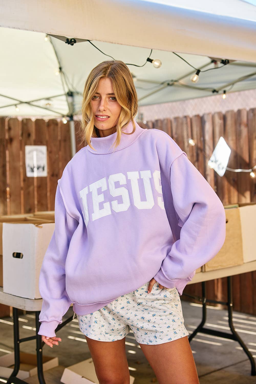'JESUS' Embroidered Mock Neck Sweatshirt